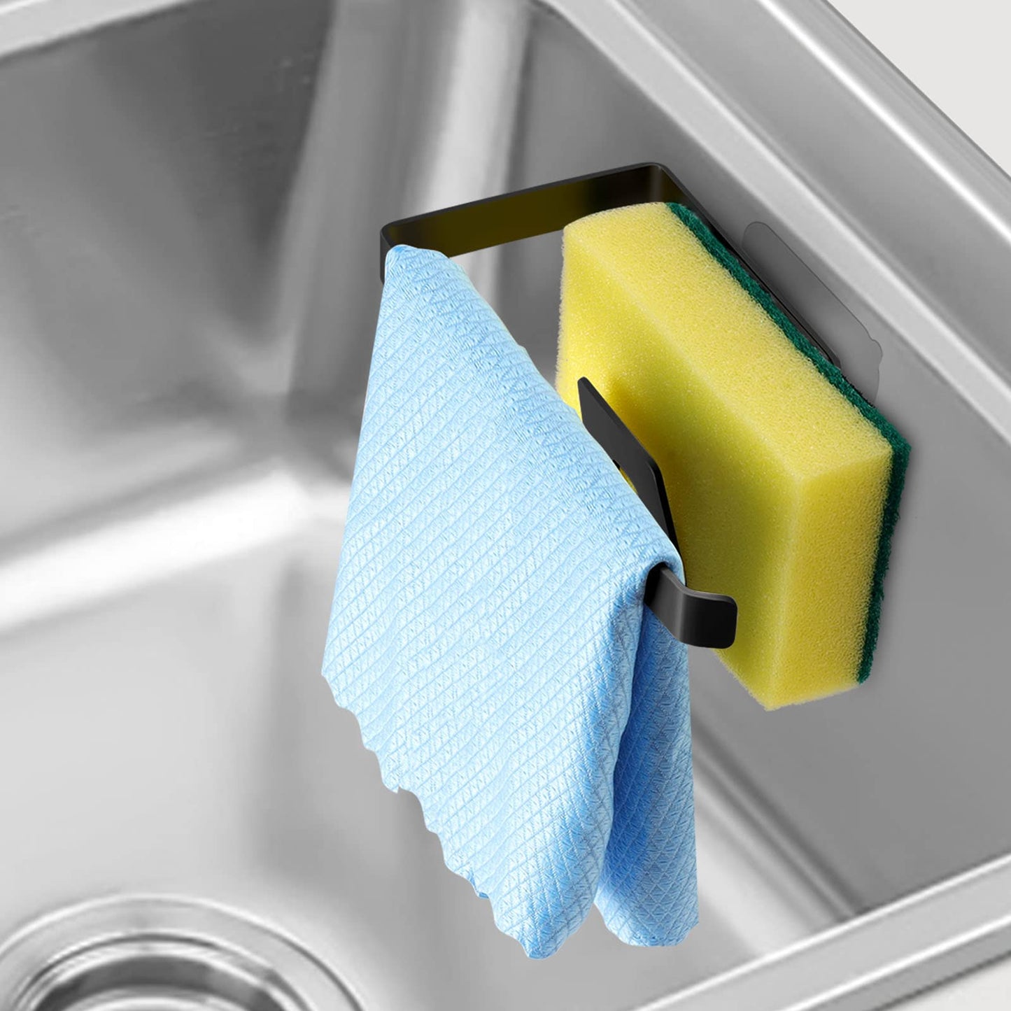 GAViA Sponge Holder Kitchen Dish Sponge Holder Self-Adhesive Kitchen Organiser Dish Cloth Holder 304 Stainless Steel Kitchen Drain Rack Sink Caddy Storage Organiser Black