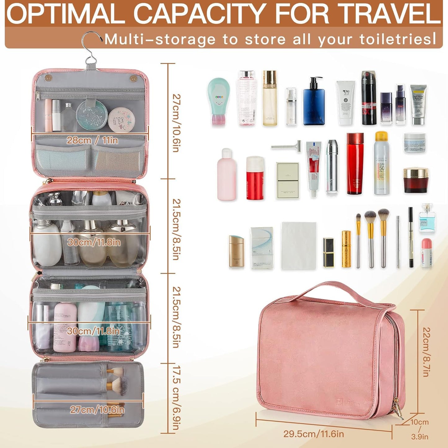 Elviros Hanging Travel Toiletry Bag for Women, 3-in-1 Large Makeup Bag and Cosmetic Organizer, Vegan Leather Waterproof Skincare Case for Travel Size Toiletries and Accessories, Gift for Women