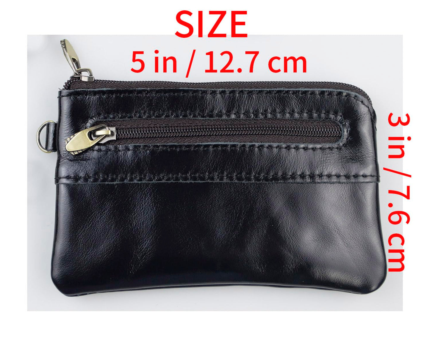 Genuine Leather Coin Purse with Removeable Wallet Chain & Wristlet - 2-Zipper Pocket Keychain Wallet, Small Black Change Purse and Card Holder for Men & Women