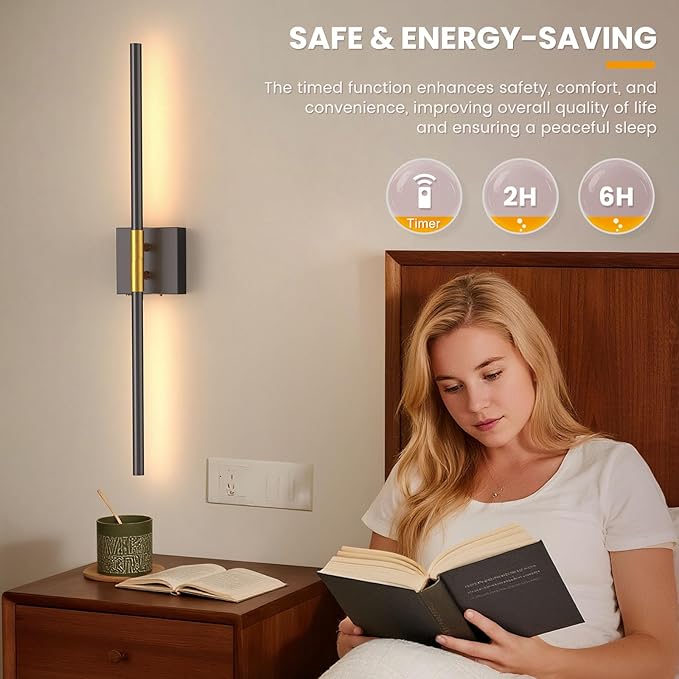NIORSUN 28 Inch Battery Operated Wall Sconce Set of 2, Black-Gold Rechargeable Wall Lights with DIY Independently Rotatable Tube, 3CCT Dimmable Wireless Wall Sconces for Living Room Bedroom Hallway