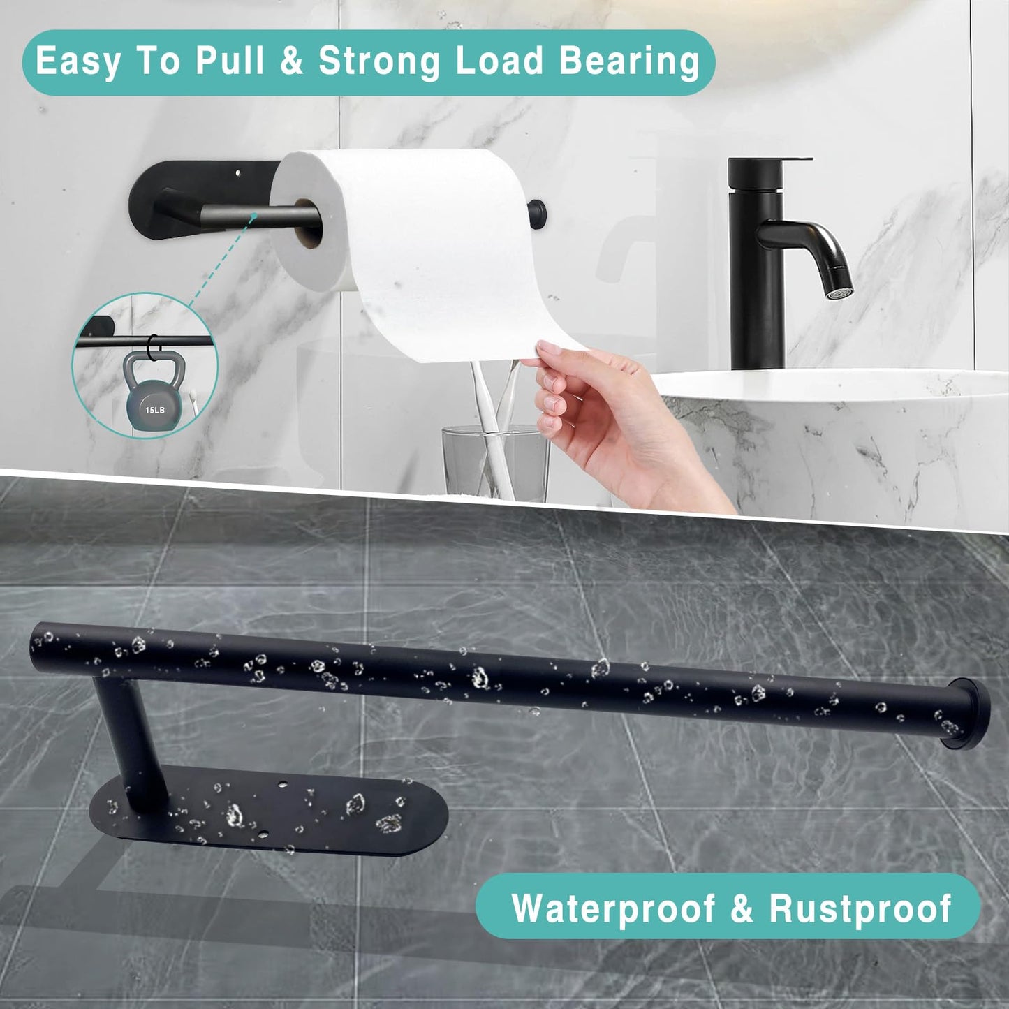 Paper Towel Holder, Self Adhesive or Drilling Paper Towel Holder Under Cabinet, Stainless Steel Black Paper Towel Holders Wall Mount for Kitchen, Bathroom, Sink, Pantry, Fridge