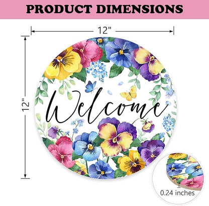 Welcome Spring Summer Floral Flowers Front Door Sign, Pansy Forget Me Not Wood Door Hanger Outdoor Outside Porch Decor, Butterfly Seasonal Wooden Wreath Indoor Wall Hanging Decoration