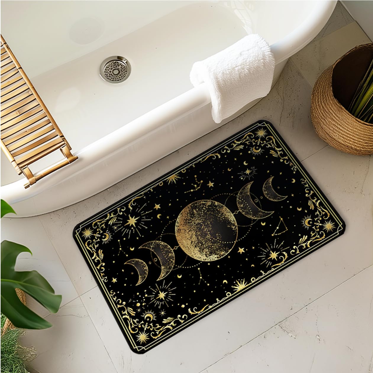 WARDOS Mystical Gold Boho Triple Moon Door Mat, Witchy Celestial Sun and Moon Astrology Doormats for Front Door Outdoor Indoor Entrance Entryway, Witch Stars Aesthetic Area Rug Bath Mats, 17x30 Inch