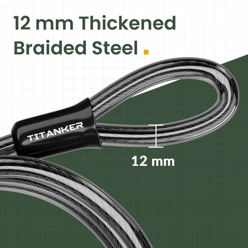 Titanker Bike Lock Cable,12mm Thick Security Cable with Loops Heavy Duty Steel Cable Vinyl Coated Bike Cable Lock Security Chain (4ft, 7ft, 15ft, 30ft)
