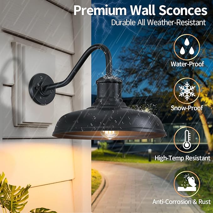 13.8'' Diameter Large Outdoor Gooseneck Barn Light 2 Packs, Outdoor Wall Sconce Farmhouse Exterior Light Wall Lighting Fixture Industrial Outside Lantern for Porch, Patio, Garage, Black (No Sensor)