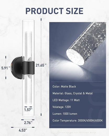 kudos Black Bathroom Sconces Wall Lighting,2 Pack LED Wall Lights with Crystal Bubble and Clear Glass, 3000K/4500K/6000K Adjustable,KDVL05-BK-2-2PK