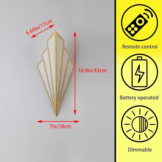 Modern style wall light set of two,Battery operated wall sconces with remote control,Wireless art deco lighting fixture for living room,6 RGB colors dimmable(With bulbs+remote control+charging cable)