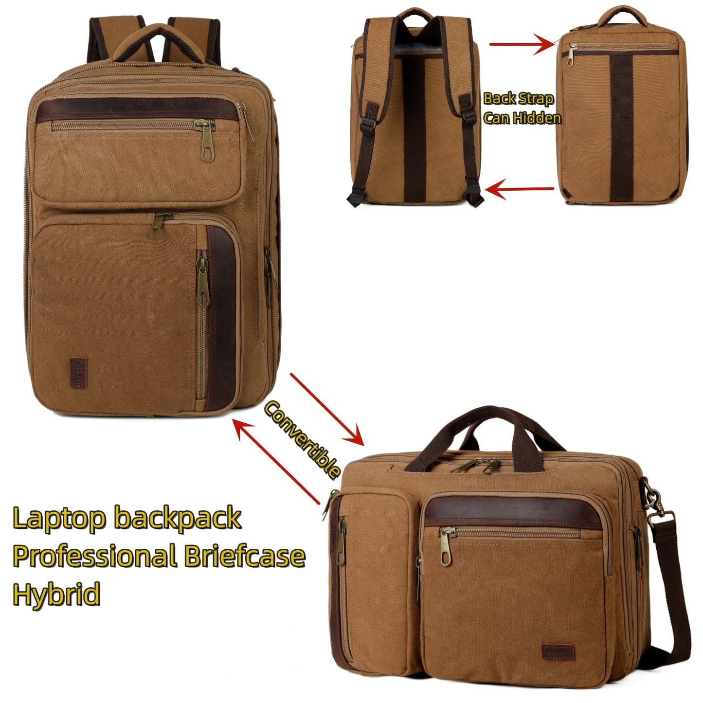 Baosha Real Leather Canvas Laptop Backpack Briefcase Hybrid 15.6 Inch Laptop Travel Backpack College Backpack for Men BC-04 (Brown)