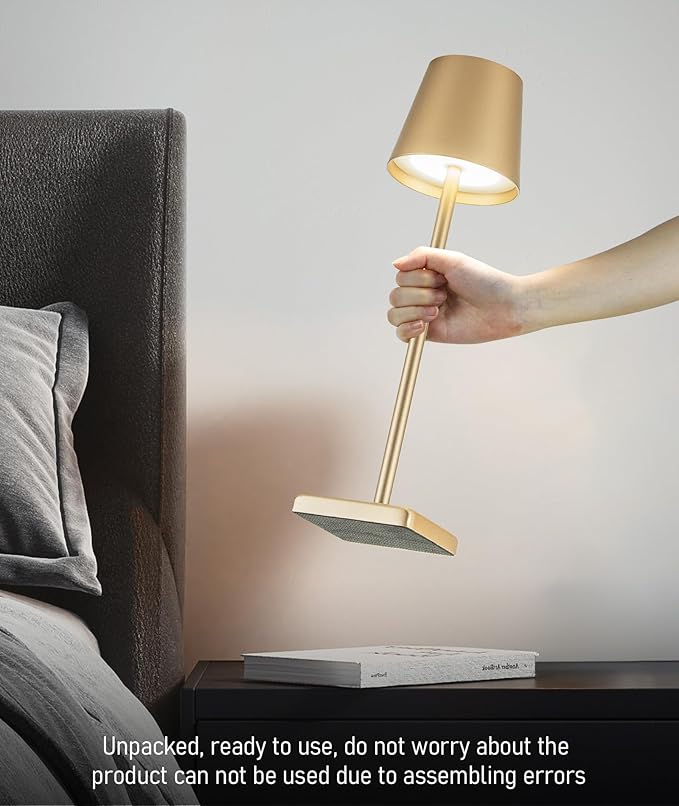 HASUN Gold Cordless Table Lamp, Aluminum Shell LED Rechargeable Desk Lamp, 3W 5200mAh Battery Operated Table Light, 3 Color Stepless Dimming Up Waterproof for Living Room/Indoor/Outdoor (Gold)