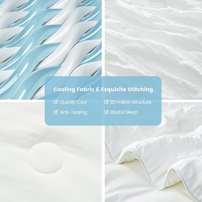 Cozy Bliss Cooling Comforter King Size Seersucker Plaid, Q-Max 0.4 Reversible Lightweight Cooling Blanket, Breathable Silk Smooth Summer Bedding Quilt for Hot Sleepers Night Sweats White