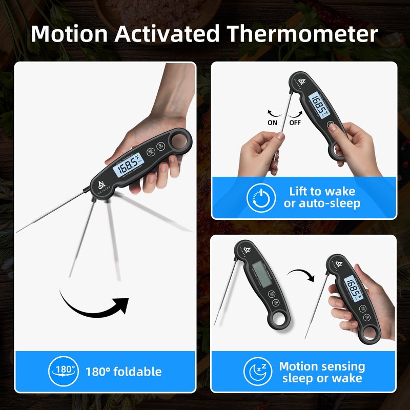 Aurasky Instant-Read Meat Thermometer Digital for Cooking and Grilling, Waterproof Food Thermometer with Backlight, Calibration & Hold Function for Kitchen, BBQ, Deep Fry, Candy, Liquid (Black)