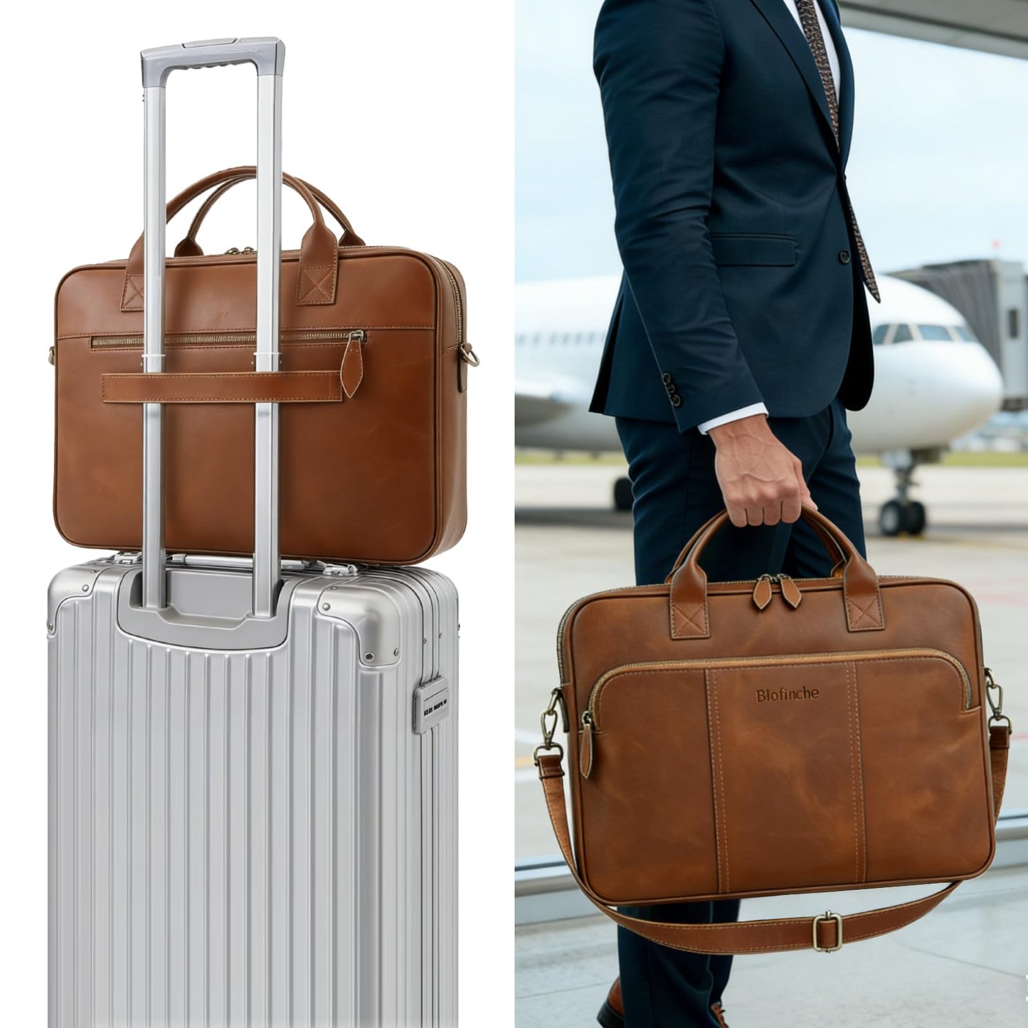Blofinche Genuine Leather laptop briefcase 15.6 inch Computer Messenger shouledr work handbag Satchel bags Brown