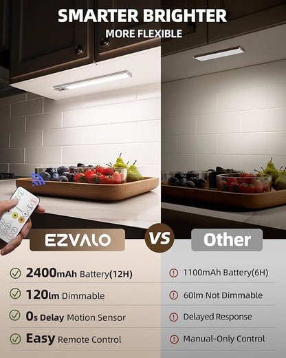 EZVALO 3 Pack Under Cabinet Lighting, 2400mAh Rechargeable Motion Sensor Light, 10inch Magnetic Closet Lights with Dimmable & 3 Color Temps, Wireless Motion Activated Lights with Remote for Kitchen