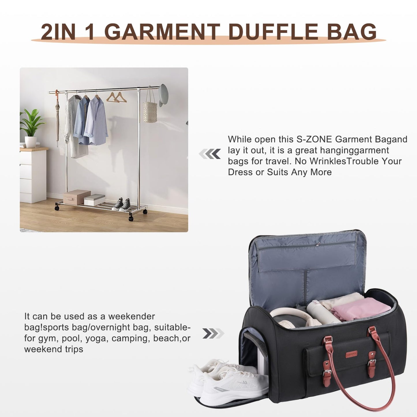 MOSISO Garment Bags for Travel, 50L Carry On Garment Duffle Bag Suit Bags for Men Women Hanging Clothes, 2 in 1 Hanging Suitcase Suit Travel Bags with Toiletry Luggage&Adjustable Shoulder Strap,Black