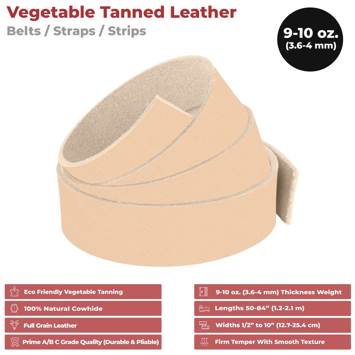 ELW 9-10 oz. (3.6-4 mm) Size: 2"x50" Vegetable Tanned Cowhide Full Grain Import Tooling Leather Belt Blanks, Straps/Strip for DIY & Craft, Harness, Holsters