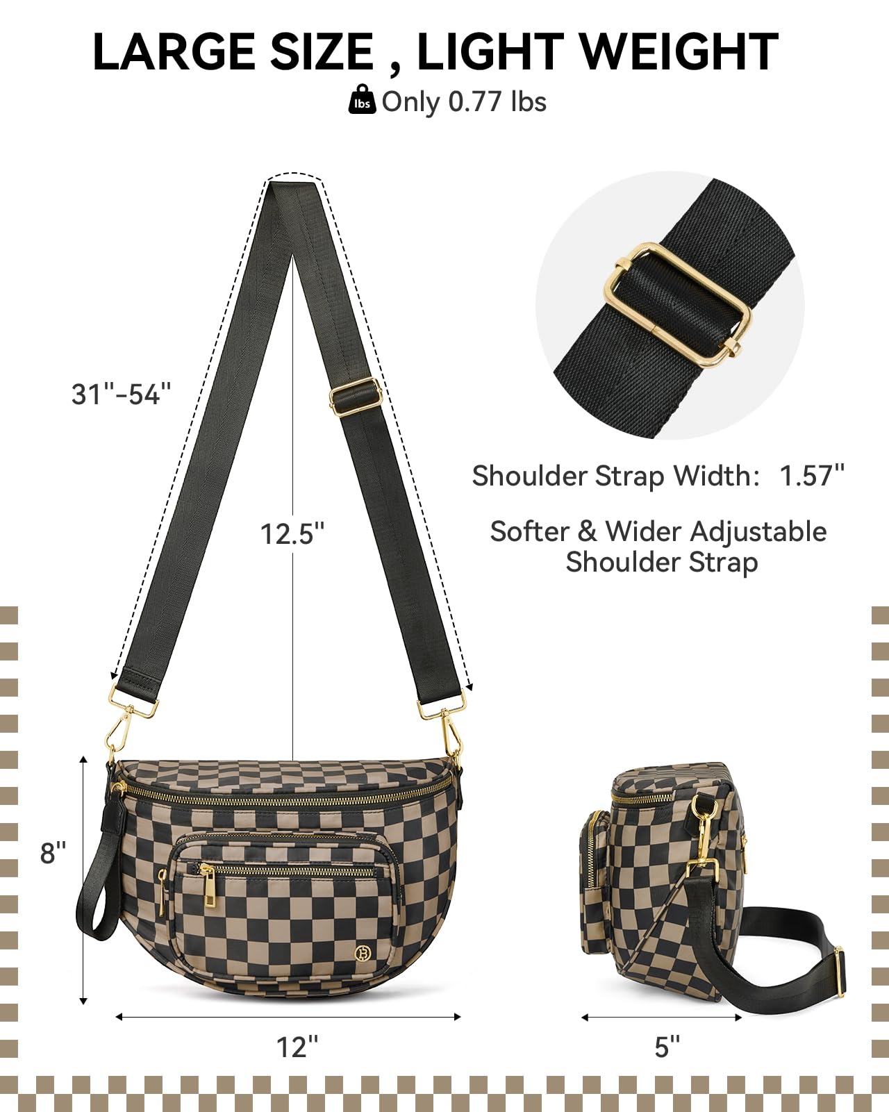BOSTANTEN Crossbody Bags for Women Cross Body Purse Checkered Bum Bag, Large Diaper Purse for Moms, Perfect for Work/Travel
