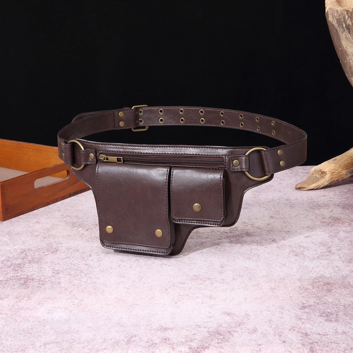 GK-O Steampunk PU Leather Hip Belt Bag for Men Women Vintage Motorcycle Waist Bag with Adjustable Strap Medieval Cosplay Utility Fanny Pack (Dark Brown)