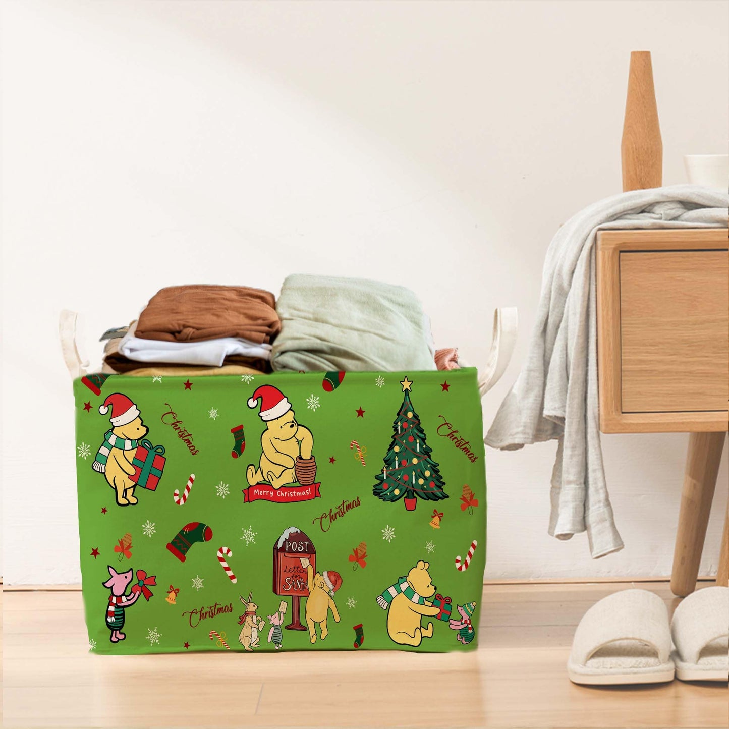 ZsaTuiy Winnie Theme Christmas Baskets Decor,the Pooh Baby Stuff, Large Square Canvas Baby Laundry Hamper with A Waterproof PE Coating,Foldable Storage Bin for Toys and Clothes