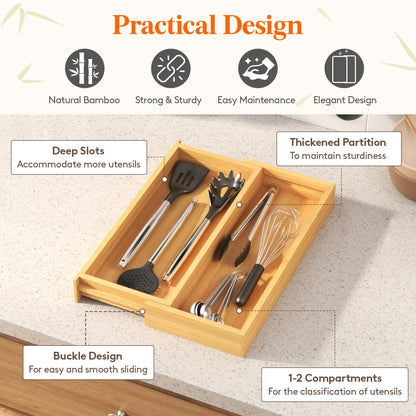 Lifewit Utensil Organizer for Kitchen Drawer, Expandable 13 to 22.4 Inches Wide, Adjustable Cooking Silverware Tray, Bamboo Cutlery Flatware Holder, Spatula Tools and Gadgets Storage Divider, Natural