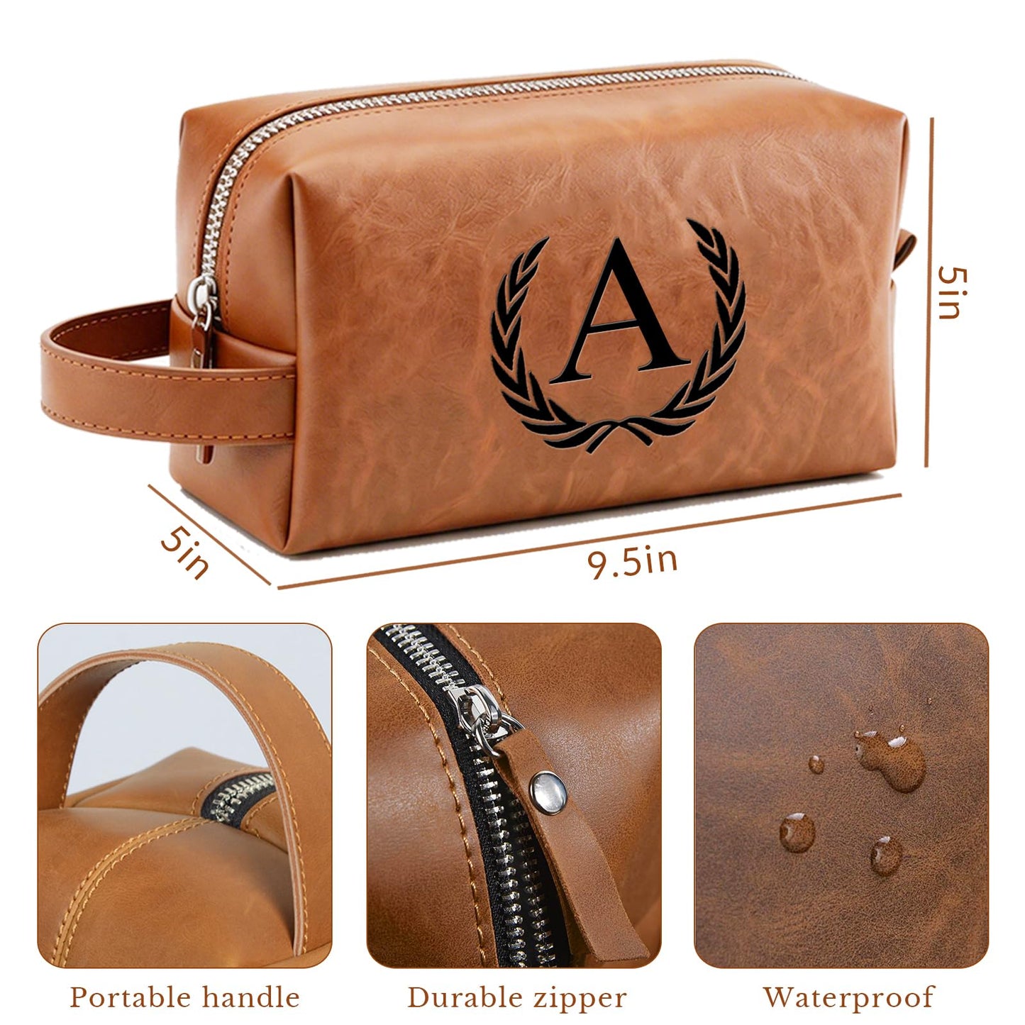 XUMGCUTM Personalized Leather Toiletry Travel Bag for Men Custom Christmas Birthday Gifts for Men Groomsmen Dad Husband Boyfriend Engraved Initial Waterproof Shaving Bags(B, Light Brown)