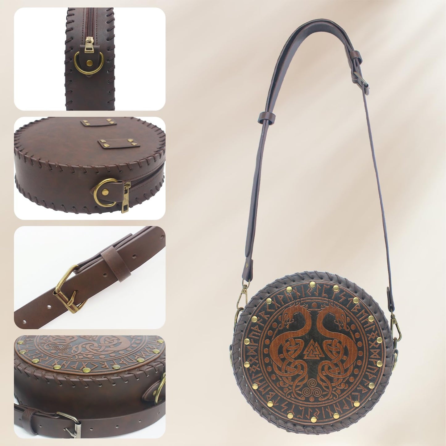 HelixTrim Renaissance Bag for Women Medieval Belt Purse Pirate Viking Embossed Pouch Tree of Life Waist Bag Faux Leather Satchel,Ren Faire Accessories Gift for LARP,Cosplay,Festival and Travel,Brown2