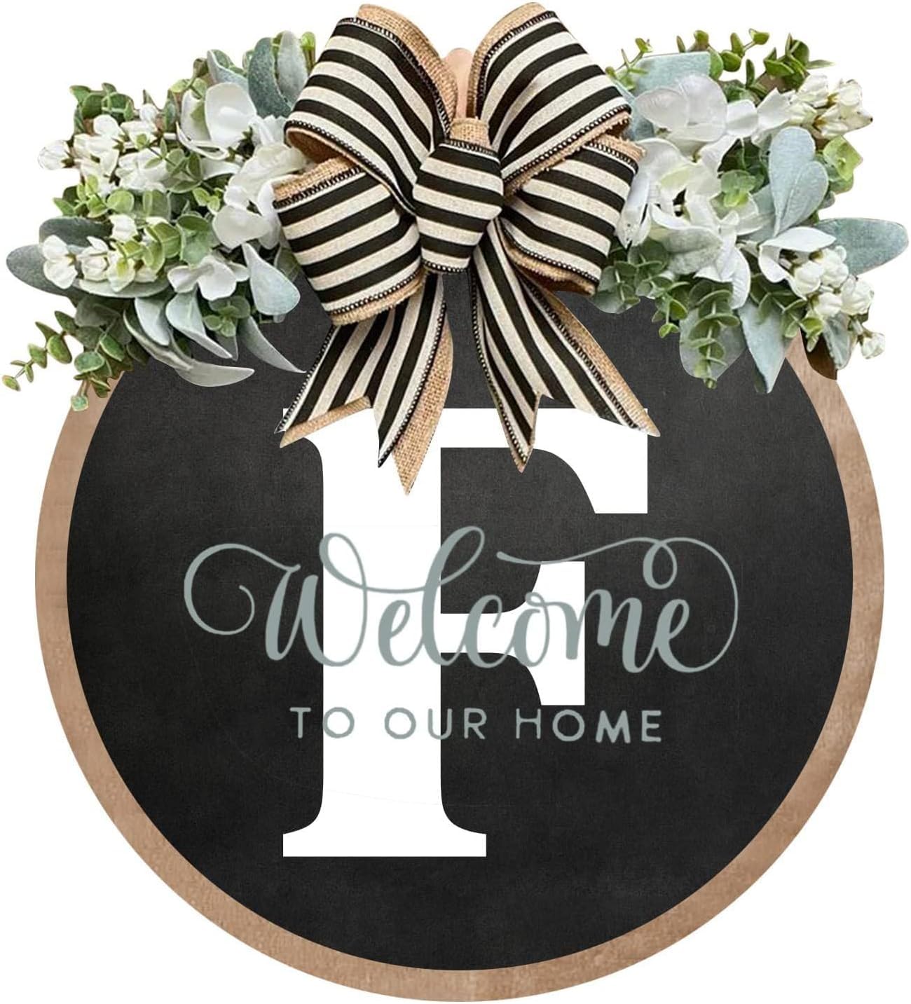 Last Name All Year Round Front Door Garland, Rustic Round Wood Wreaths wall Hanging Outdoor, Farmhouse, Porch, for Spring Summer Fall All Seasons Holiday Halloween Christmas (F)