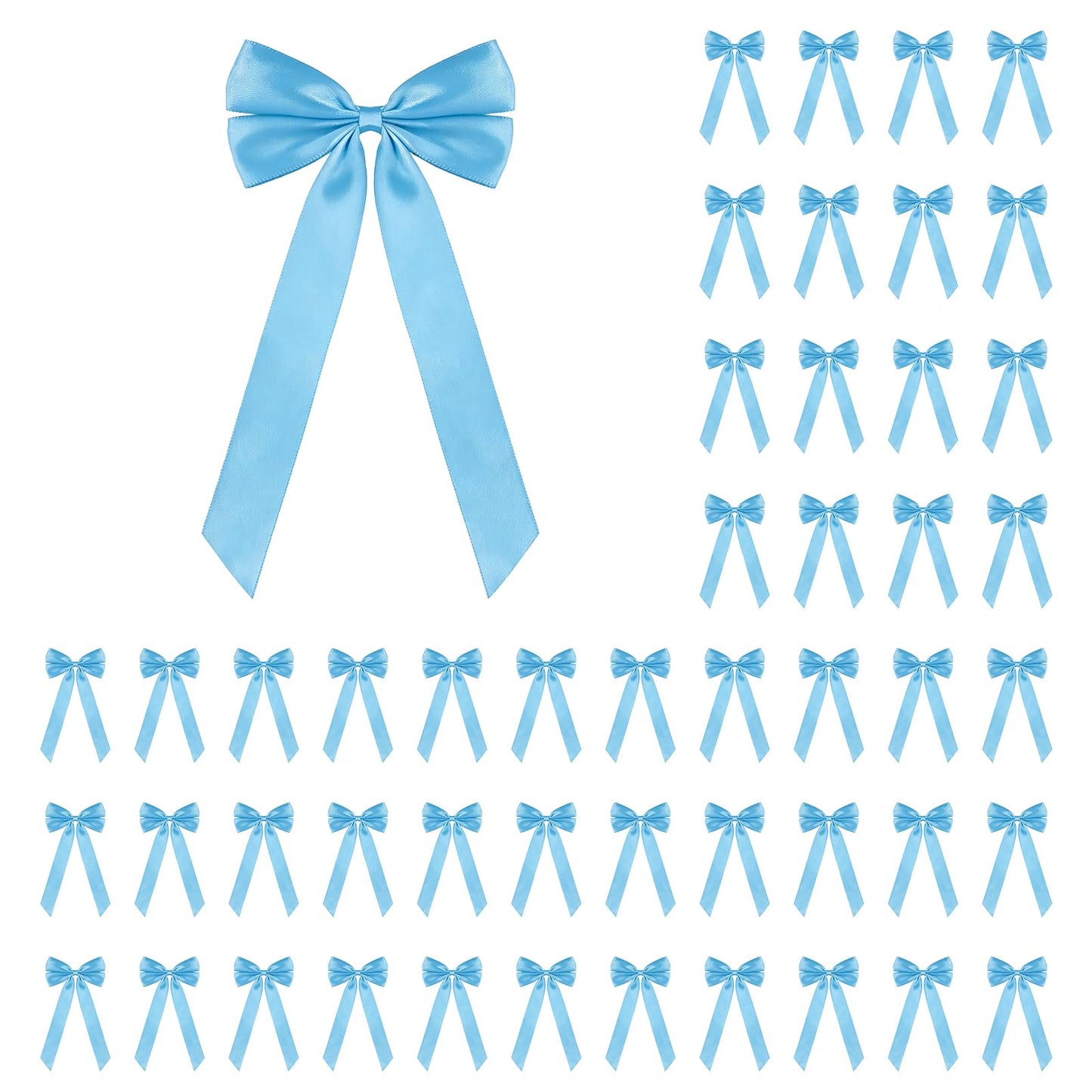 50Pcs Blue Satin Bows for Christmas Tree, 4 x 8 inch Xmas Ornaments with Pre-Made Twist Ties & Self-Adhesive, for Tree Cabinet Front Door Wreath Holiday Home Decor