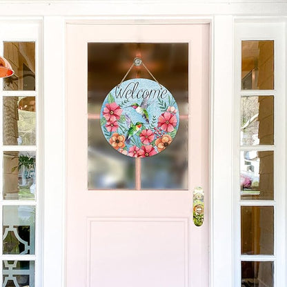 Deroro Welcome Spring Hummingbird Birds Sign for Front Door Decor, Floral Flowers Wood Door Hanger for Outdoor Outside Porch, Seasonal Summer Farmhouse Wooden Wreath Indoor Wall Hanging Decoration
