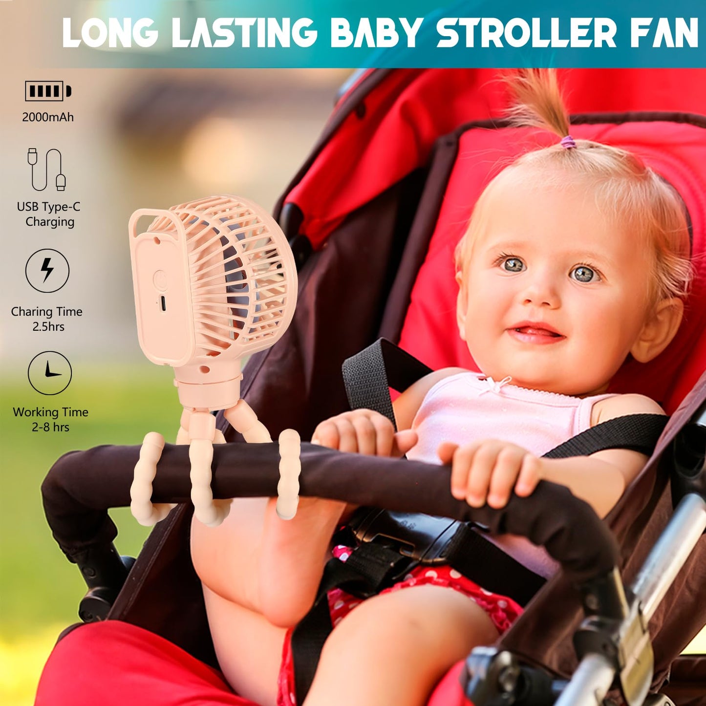 snawowo Mini Portable Stroller Fan, Battery Operated Personal Small Handheld Fan with Flexible Tripod, 3 Speed Rechargeable Clip On for Car Seat Crib Treadmill Travel Camping Pink