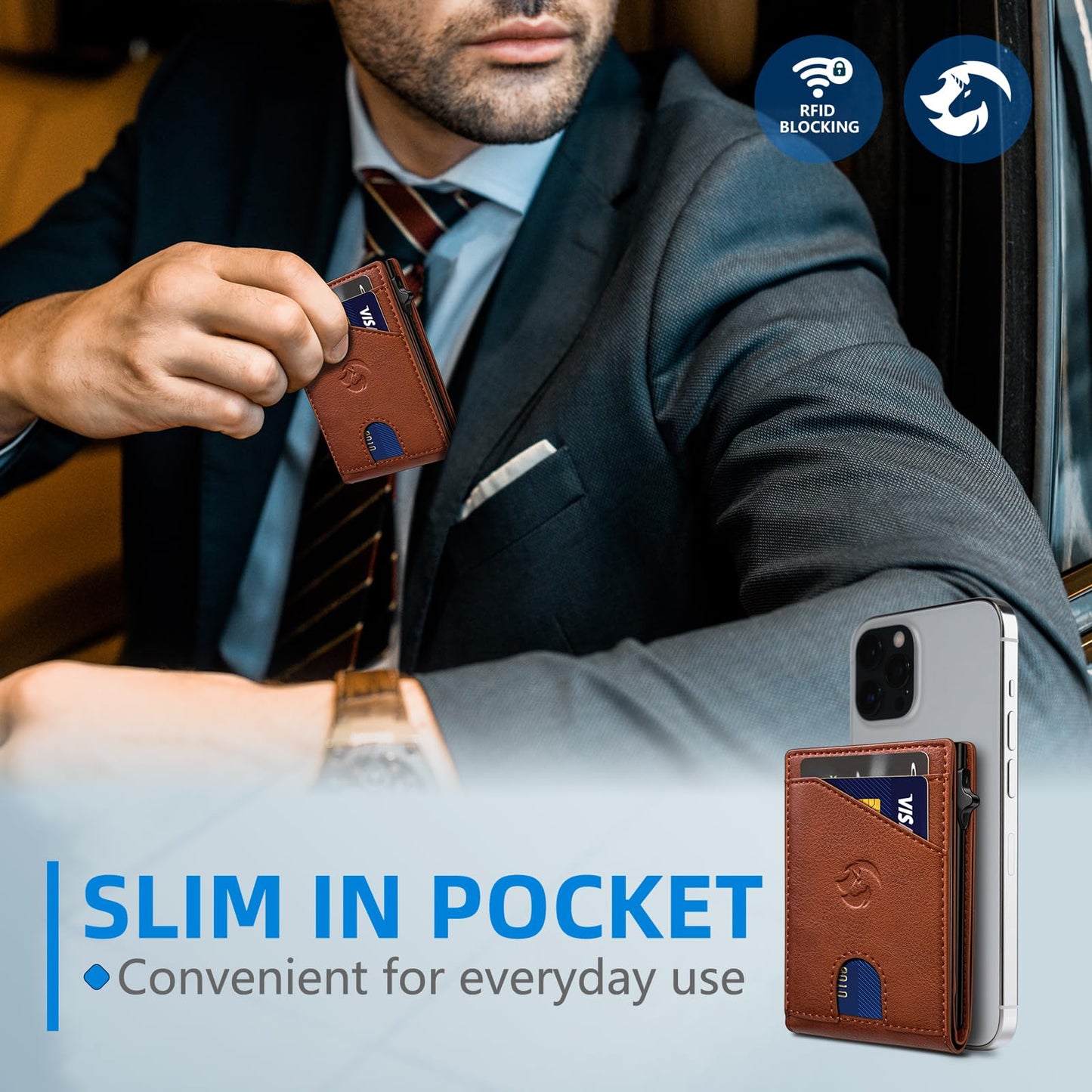 Housmai Wallet for Men, Slim Pop Up Card Holder with RFID Blocking, Minimalist Bifold Wallet with 9 Card Slots, ID Window and Cash Pocket, Metal Flip Case with Magnetic Closure, Gift Box