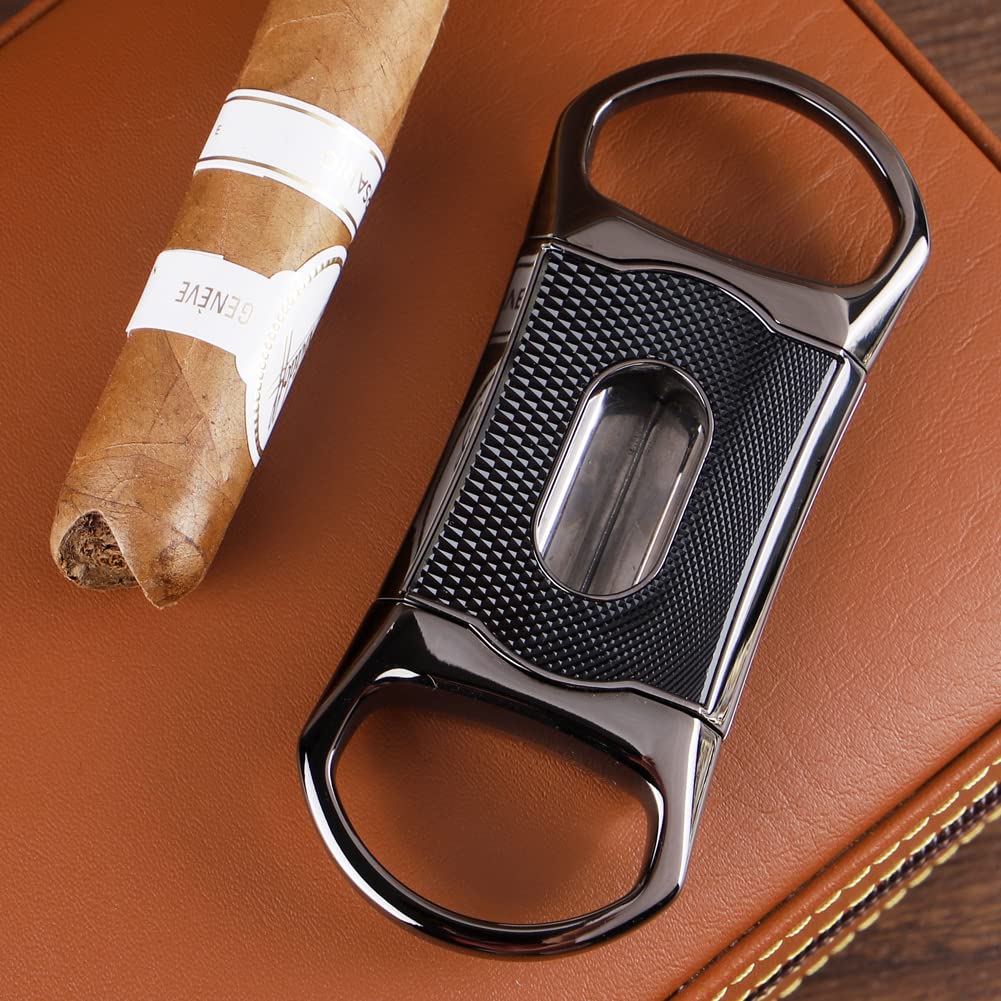KEENSUN Zinc Alloy V-Cut Cigar Cutter (Gun Color and Black CNC Engraved Diamond Shell), 60 Ring Gauge, Stainless Steel Cut Blade with Leather Case and Gift Box