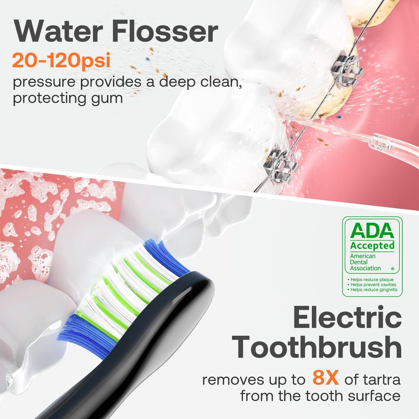 Bitvae Water Dental Flosser Teeth Picks, Cordless Water Flosser for Teeth, Braces, Dental Care and Rechargeable Rotary Electric Toothbrush Combo Set, 4 Tips, 4 Brush Heads, Waterproof, Black, C5+R1