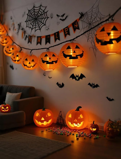 Charming Halloween Pumpkin Lantern Lights, 12ft 20 LED UL Certified String Lights, Unique Fabric Jack o' Lanterns for a Whimsical Indoor & Outdoor Party Glow