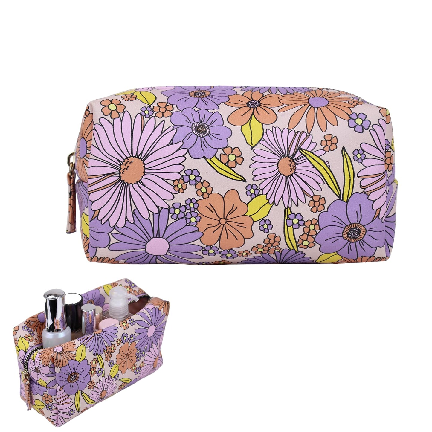 RCFJ b y K L A N D Hard Makeup Case with Mirror and Flower-Patterned PU Leather Cosmetic Bag