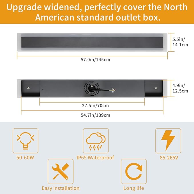 Upgrade Widened 2 Pack Long Outdoor LED Wall Light, 57inch Modern Minimalist Wall Sconce, 3 Color 3000K/4500K/6000K, 50W, IP65 Waterproof, Black Exterior Lighting Fixture for Patio, Garden, Garage