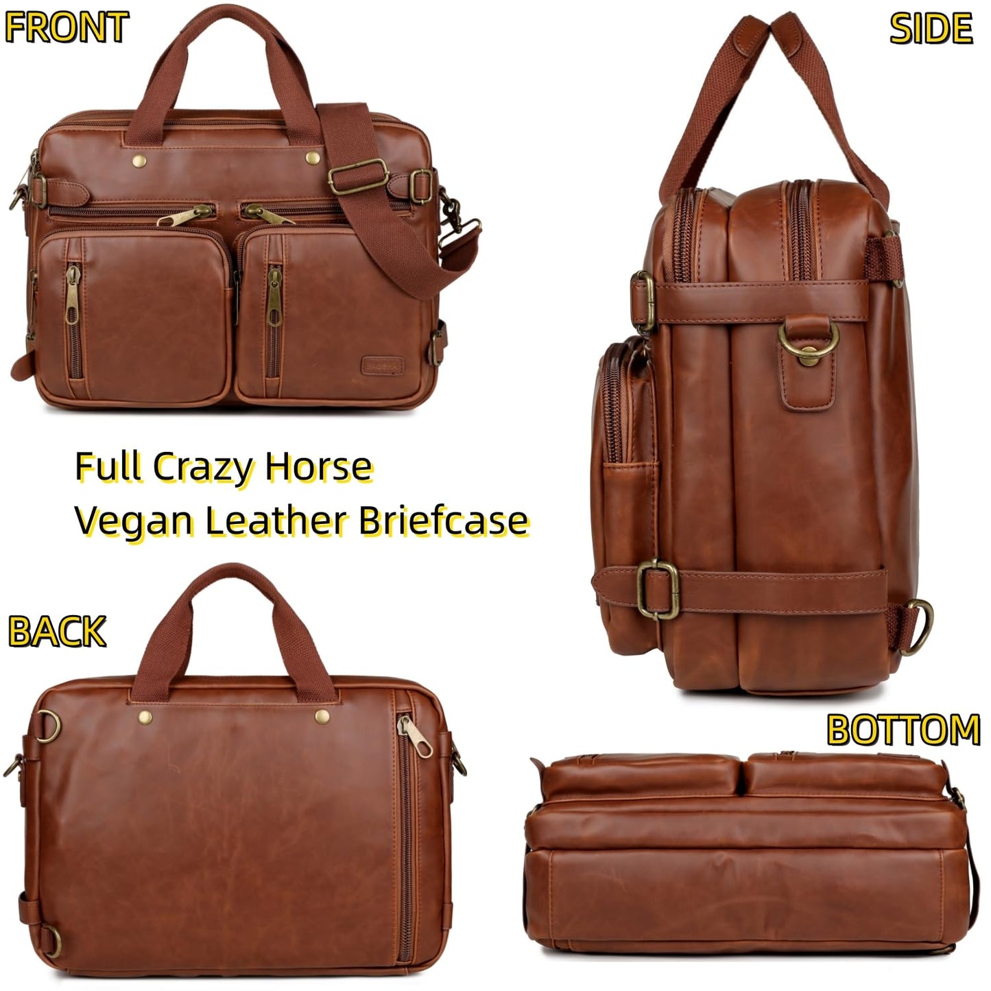 Baosha Leather Laptop Briefcase Backpack Hybrid Large 17 inch Laptop bag Travel Carry on Backpack Vintage for Men HB-22 (Brown)