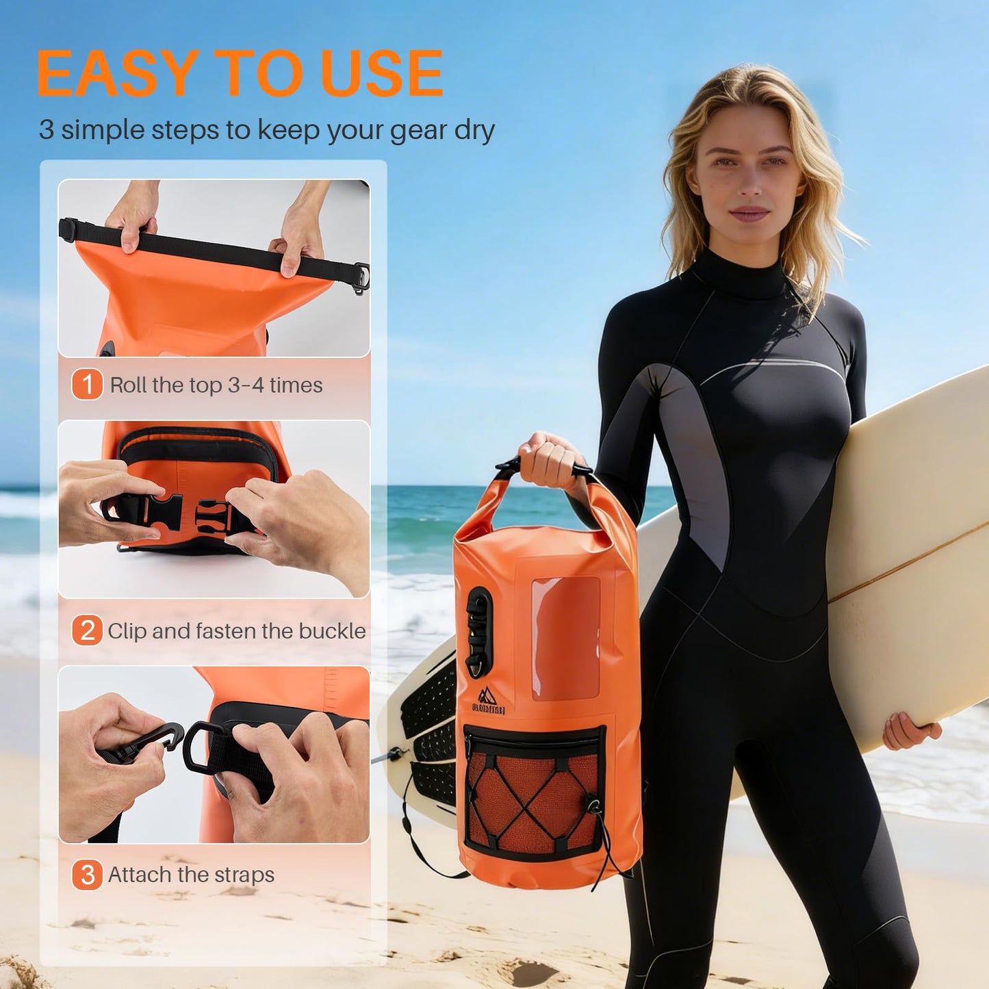 MISS ENLEN Waterproof Dry Bag 500D PVC Roll Top Dry Sack with 3 Carrying Ways, Lightweight Waterproof Bag for Kayaking, Swimming, Boating, Paddle Boarding, Hiking, Beachg (Orange, 27L)