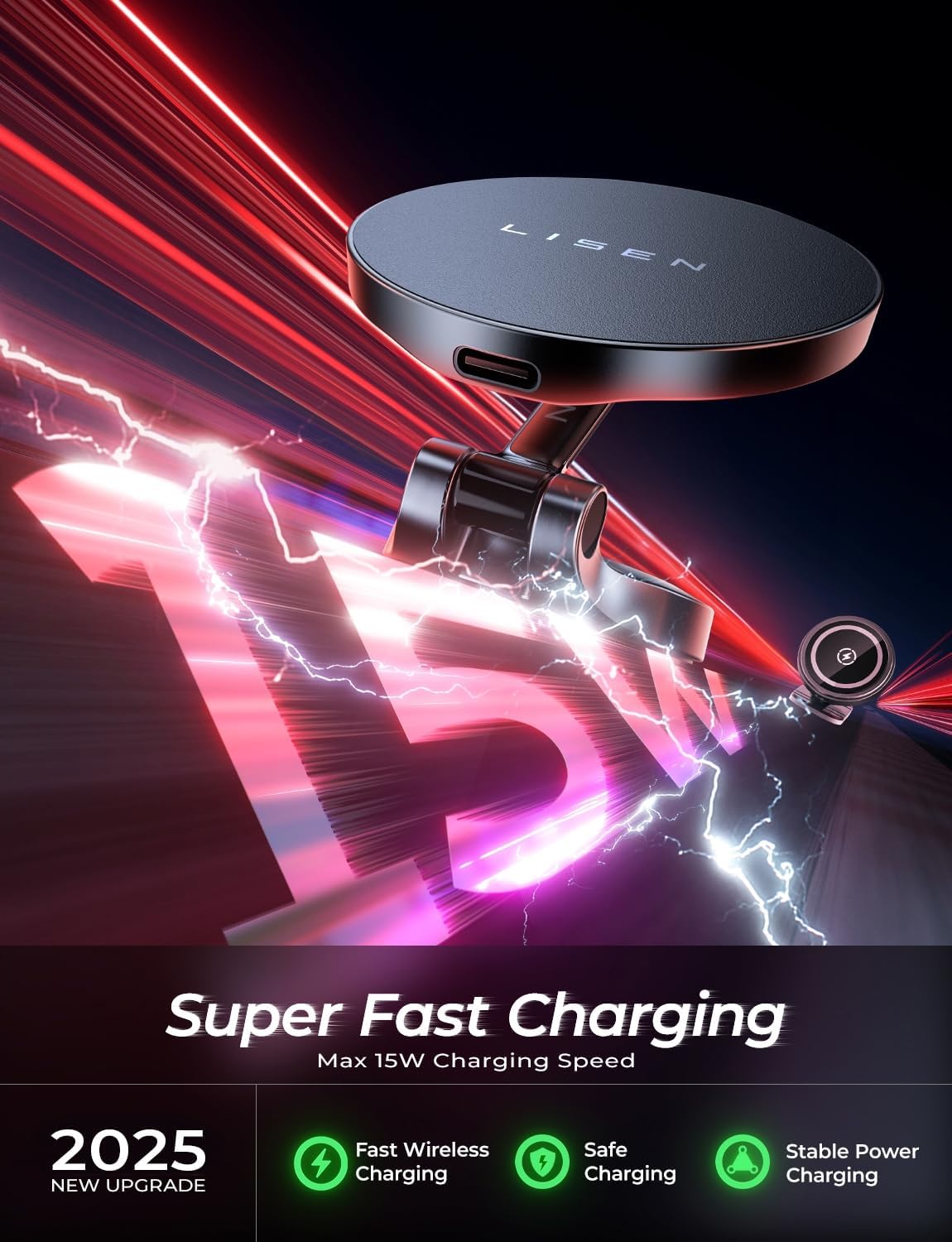 LISEN for iPhone 17 Magsafe Car Mount Charger, 15W Fast Charging Magnetic Wireless Car Charger [Mini & Metal], 2025 Ultra Magnetic Car Phone Holder Dashboard for iPhone 17 Pro Max Air 16 15 14