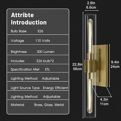 Brass Bathroom Vanity Light, 2-Light Bathroom Wall Sconce Over Mirror, 22.8" Gold Vanity Light for Bathroom, Dimmable Vanity Sconce with Glass Tube, Bathroom Linear Sconce for vertical and horizontal