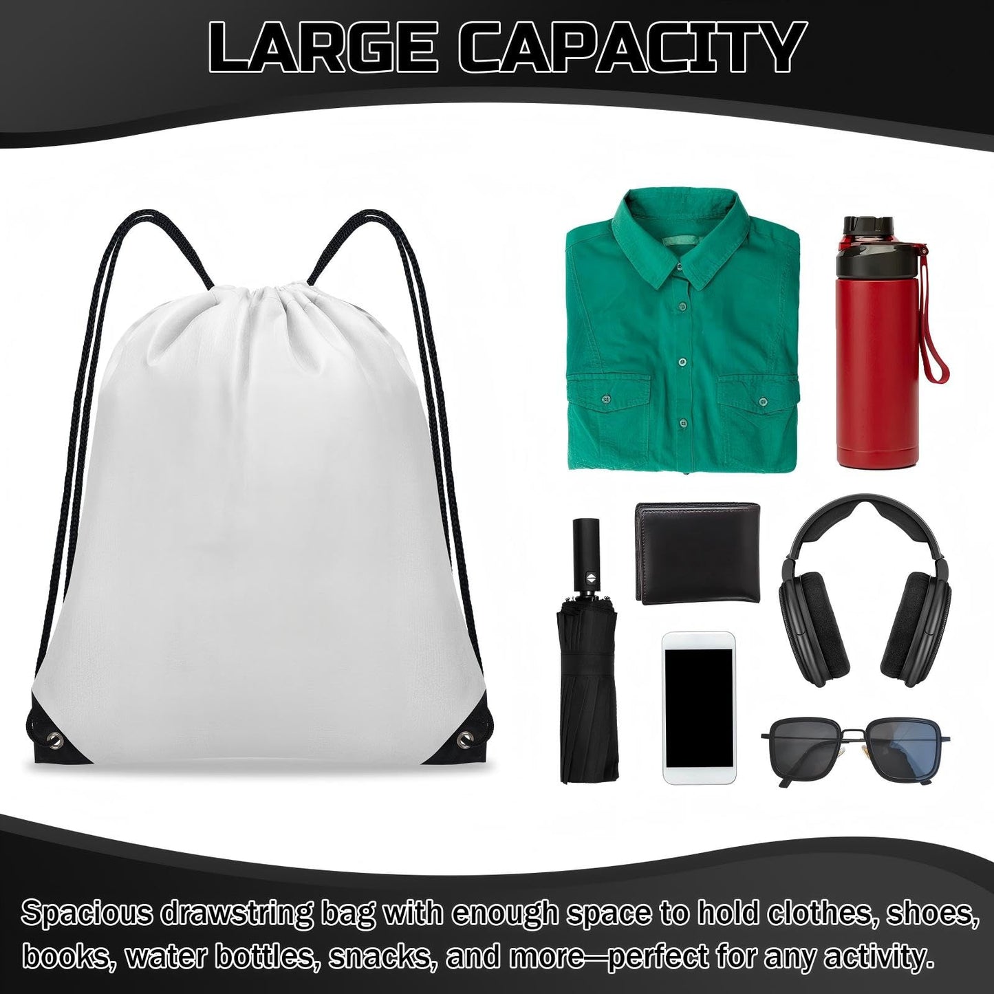 Grneric 48Pcs Drawstring Backpack Bulk Cinch Bag, Polyester Drawstring Bags for Gym Yoga Beach Camping Party(White)