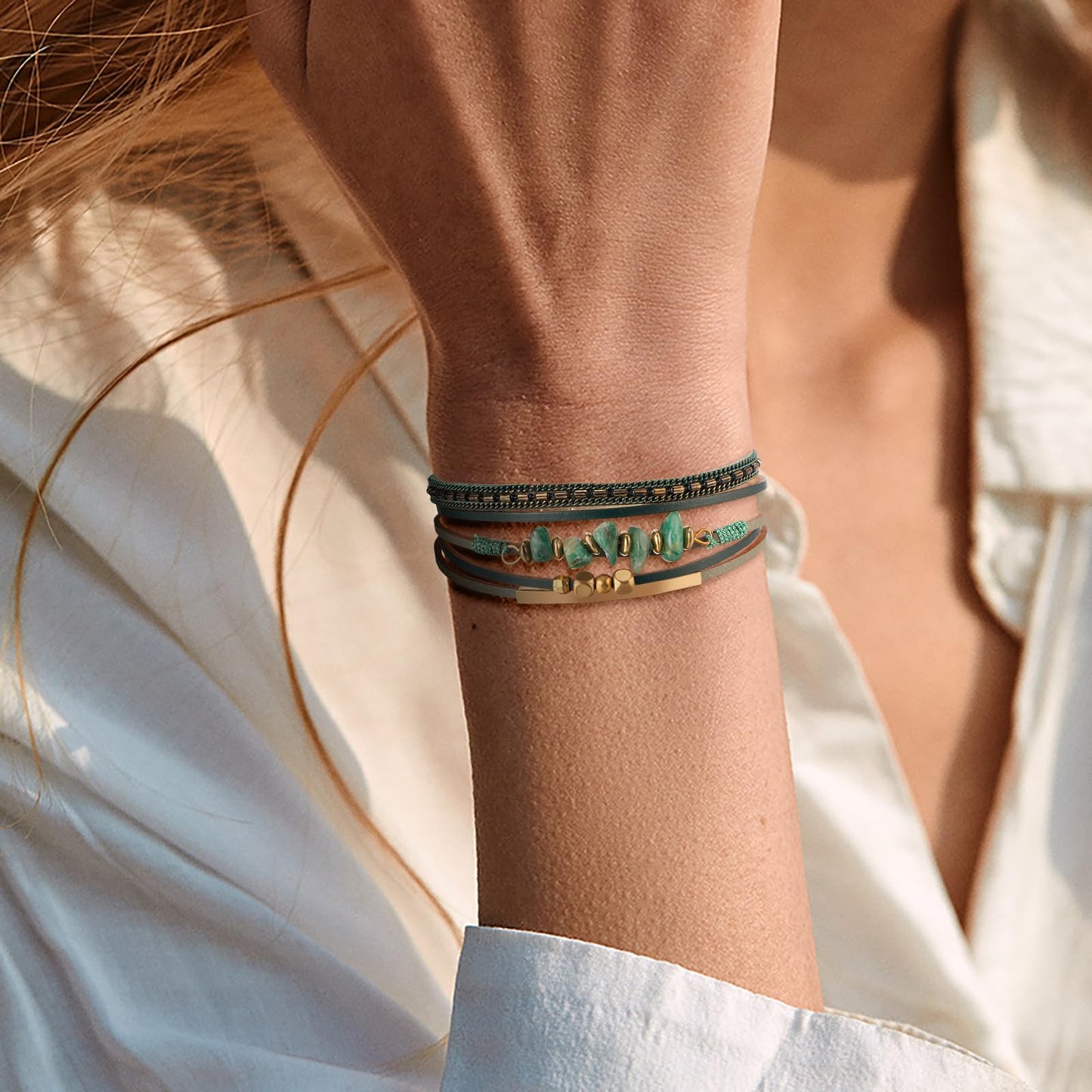 Fesciory Leather Wrap Bracelets for Women, Boho Leopard Multi-Layer Crystal Beads Cuff Bracelet Jewelry (Stone(Green1))