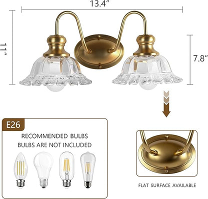 2-Lights Bathroom Vanity Light Gold Vintage Light Fixtures Matte Antique Flower Floral Brass Crystal Glass Shade Wall Sconces Lighting for Living Room, Bedroom, Hallway（E26 Base）