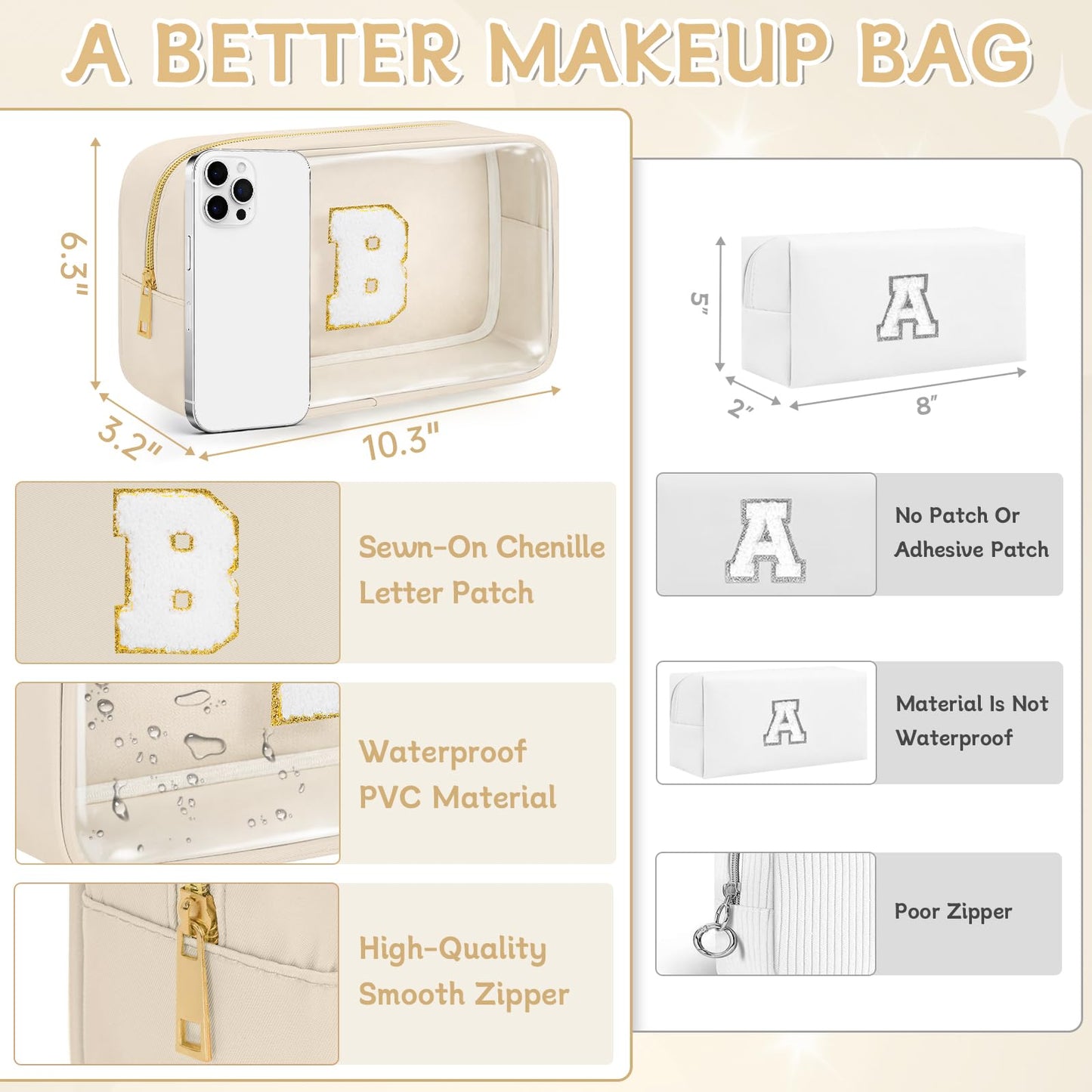 WELIDAY Initial Clear Makeup Bag, Birthday Gift Preppy Chenille Patch Cosmetic Bag, Initial Travel Essentials Beach Toiletry Pouch, Ideal Gift for Teachers & Moms, Women and Girls (Beige, B)
