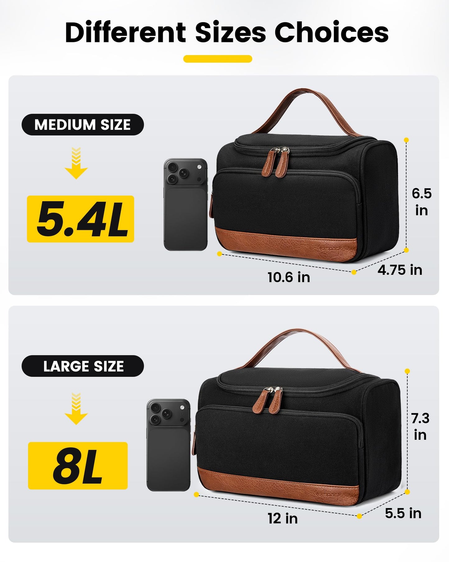 Vorspack Structured Canvas Toiletry Bag for Men, Upright Travel Bag with Wet Pocket, Wide Opening Bathroom Organizer for Shaving, Grooming, Skincare, Travel Essentials, Medium-Black