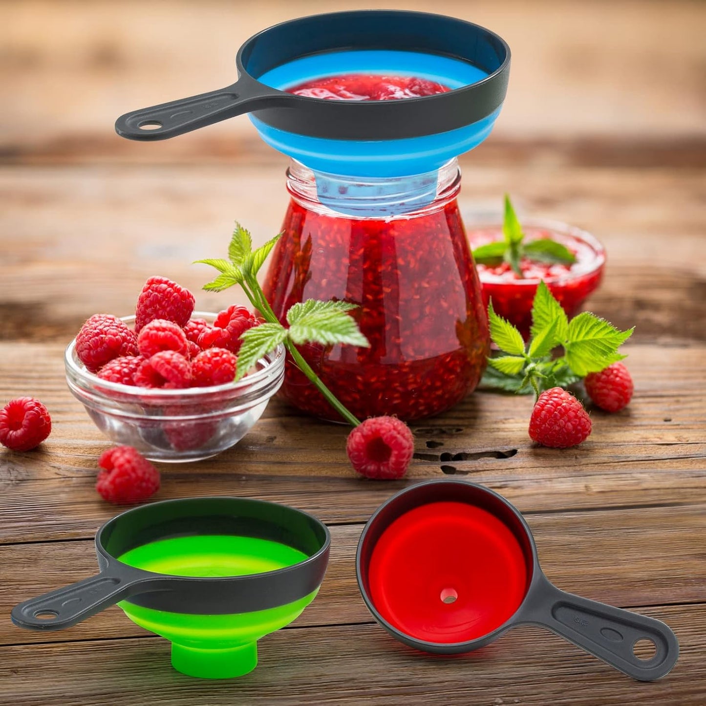 Kalave Canning Funnel with Strainer, Food Grade Silicone Collapsible Kitchen Funnel, Wide Mouth for Canning, Filling Bottles & Mason Jars, 4 Pack