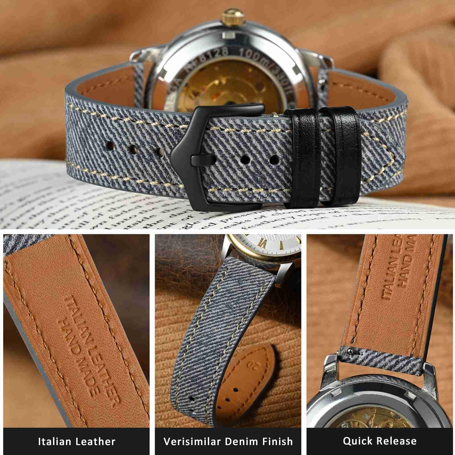 WOCCI 18mm Watch Band, Italian Leather, Denim Pattern, Black Buckle (Ash Blue)