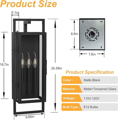 𝟐𝟔.𝟑𝟖𝐈𝐍 Porch Light Outdoor, Dusk to Dawn Wall Lantern with Tempered Glass, Waterproof Outside Light Front Porch Light 3-Light, Matte Black Front Open Window Wall Sconce for Patio
