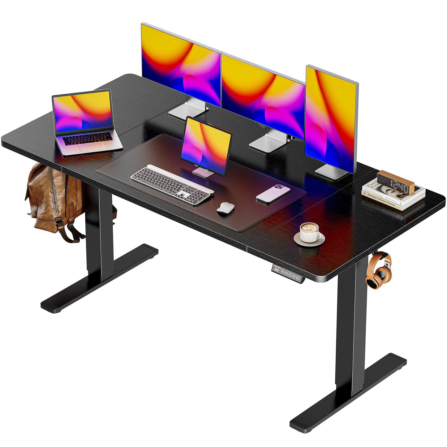 Huuger 55 x 28 Large Electric Standing Desk, Height Adjustable Computer Desk, 27.6" Deep Desktop, Stand up Gaming Office Table with 2 Hooks, 3 Preset Heights, for Home Office, Black