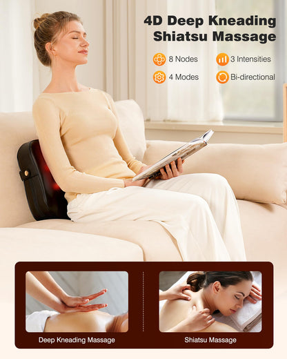 Shiatsu Neck Massager with Heat, 3D Kneading Back Massage Pillow for Pain Relief, Massagers for Neck and Back, Shoulder, Leg, Gifts for Men Women Mom Dad, Stress Relax at Home Office and Car