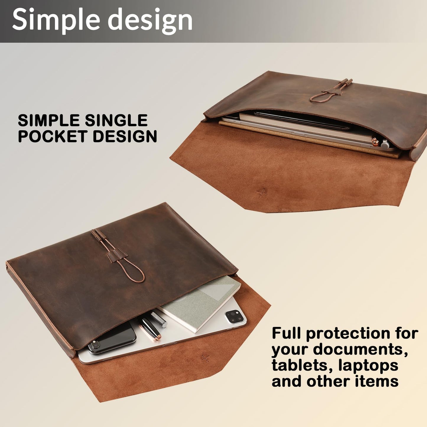 GZRHKJ Genuine Leather Folder Portfolio, Leather File Folder Organizer，Envelope Document Holder for Men&Women, Personalized Folio Laptop Sleeve Case for 15" Laptops, Tablets
